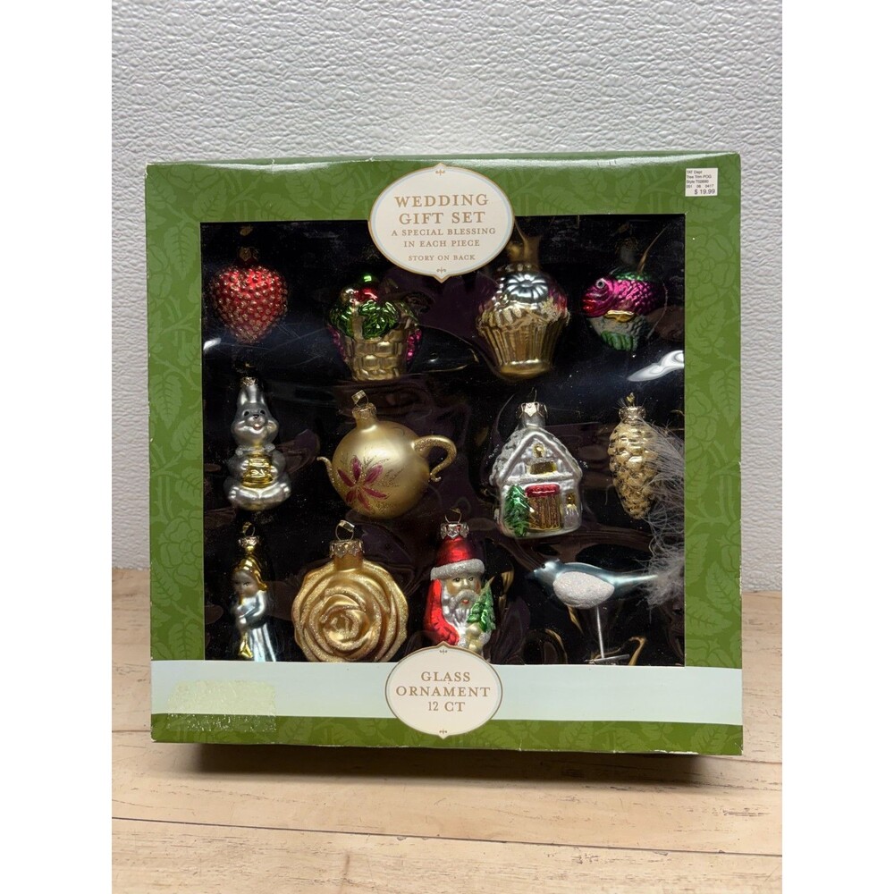 Vtg 2002 Wedding Gift Set Of 12 Blown Glass Christmas Tree Ornaments NIB
